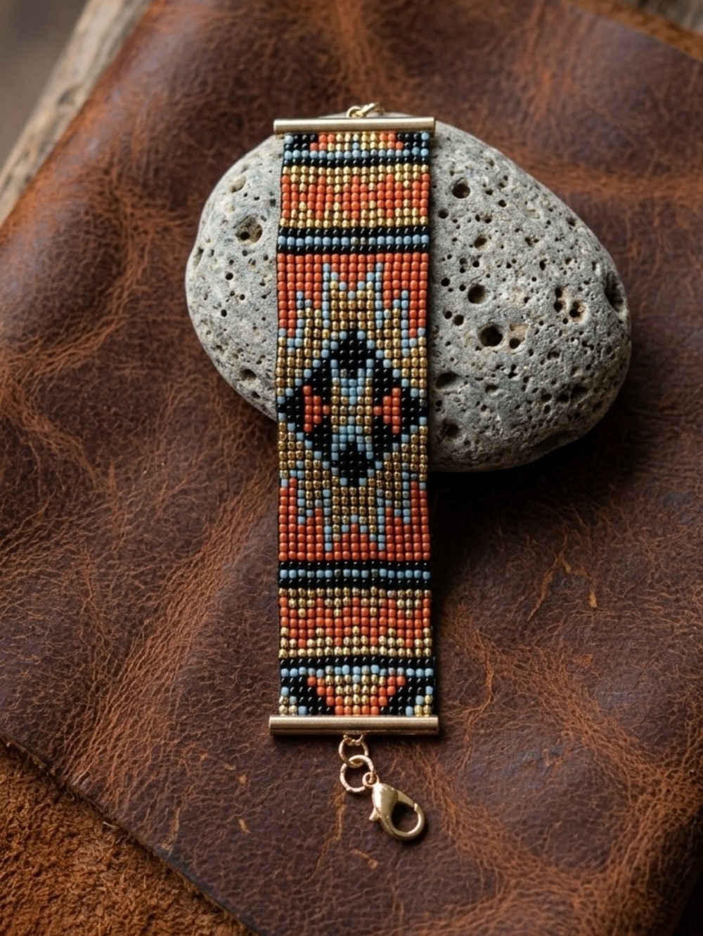 Handcrafted Beaded Bracelet in Red, Blue, Gold And Black